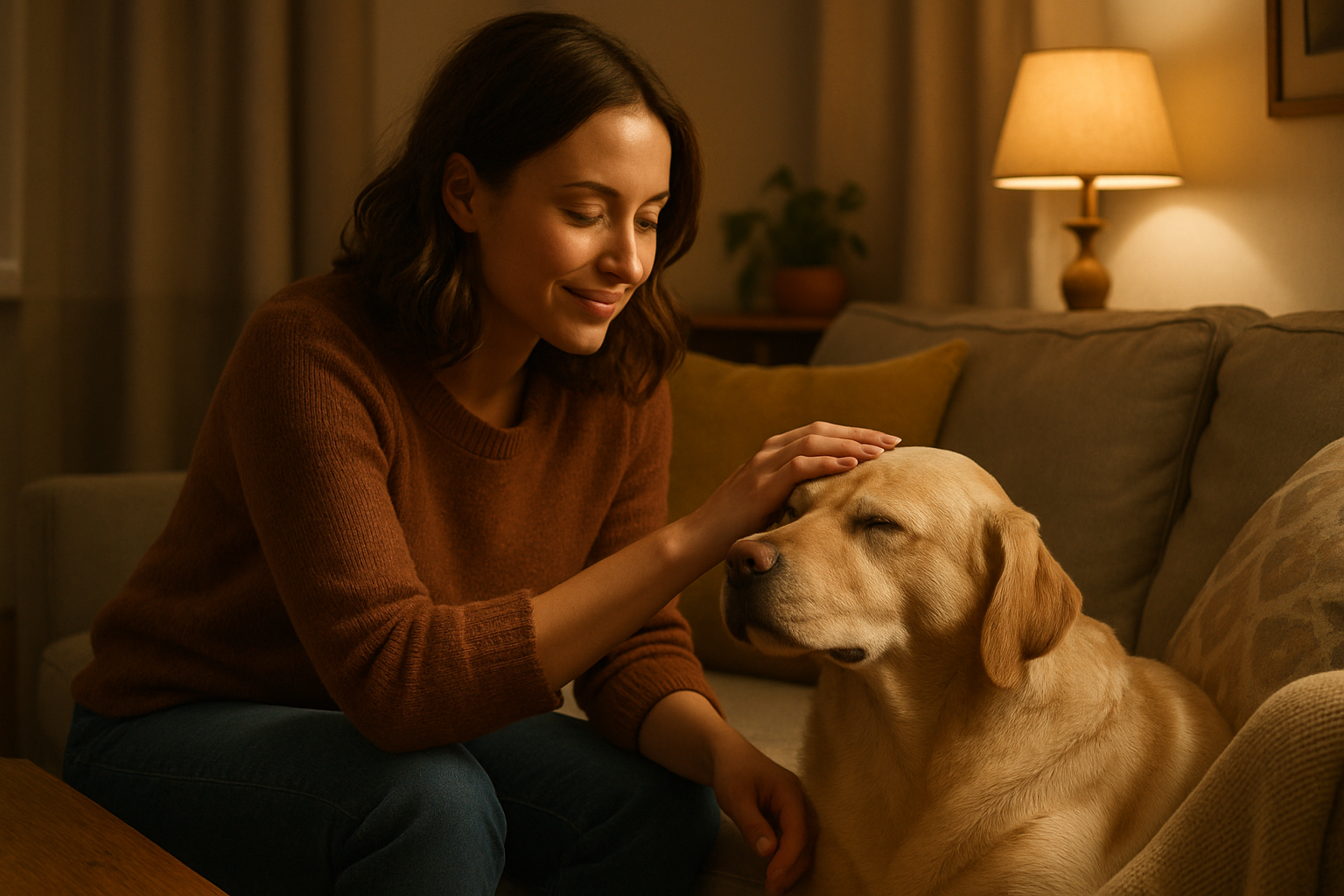 woman petting a dog in living room