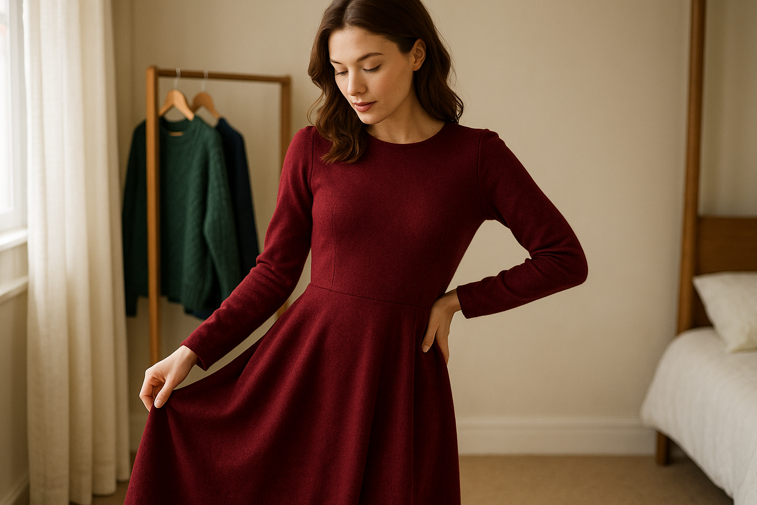 Woman trying on a winter dress